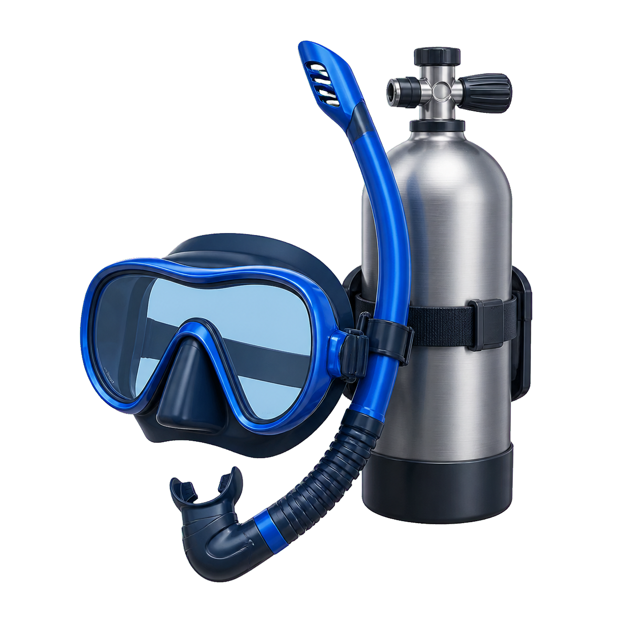 Taucherbrille, Schnorchel und Flasche